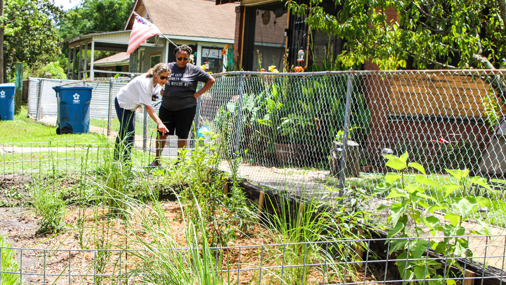 two women inspect a new garden