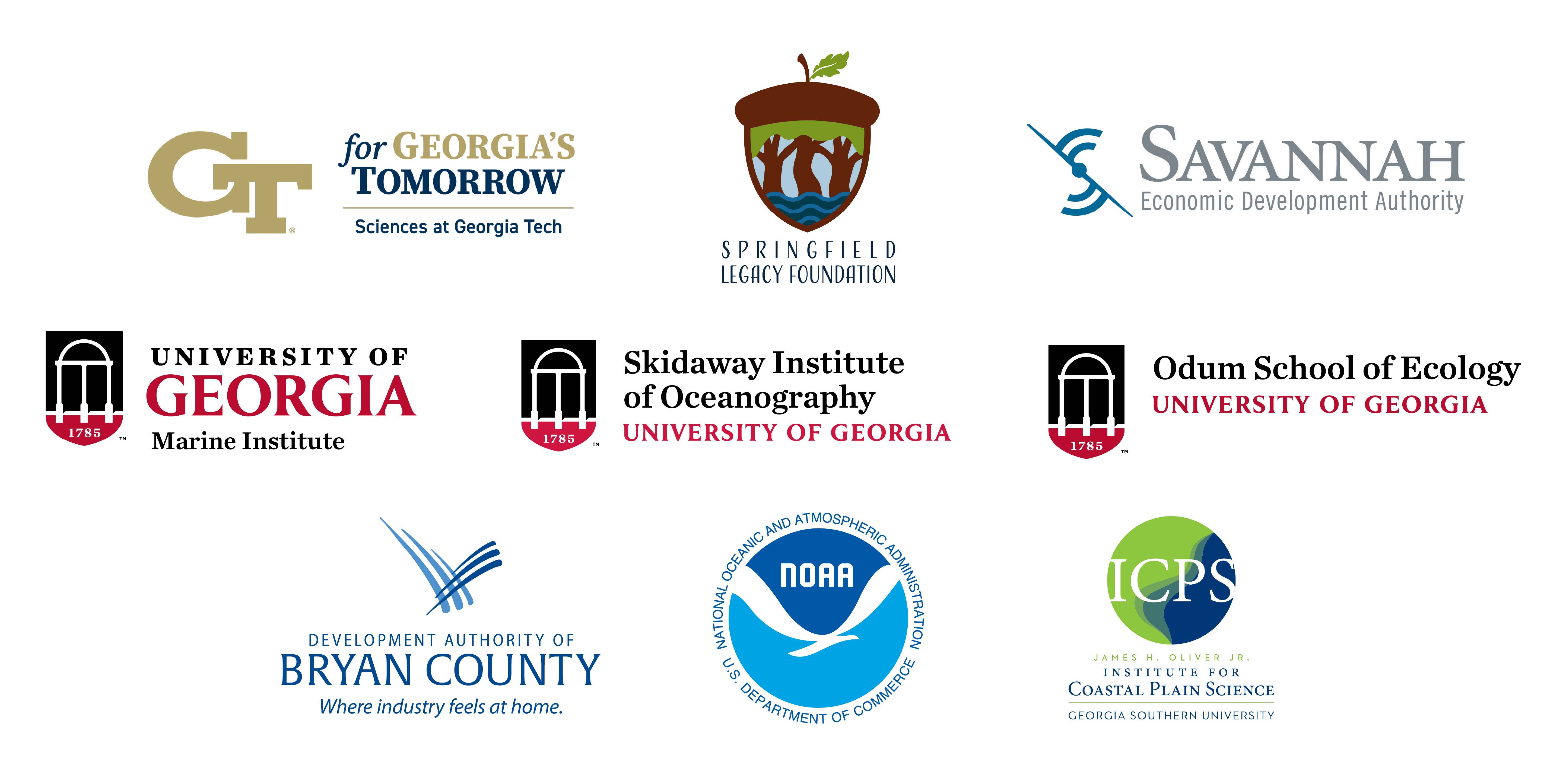 A group of logos of organizations sponsoring the State of the Coast Conference, including: Georgia Tech for Georgia's Tomorrow, Springfield Legacy Foundation, Savannah Economic Development Authority, UGA Marine Institute, UGA Skidaway Institute of Oceanography, UGA Odom School of Ecology, NOAA, Bryan County Development Authortity, Georgia Southern Institute for Coastal Plain Science