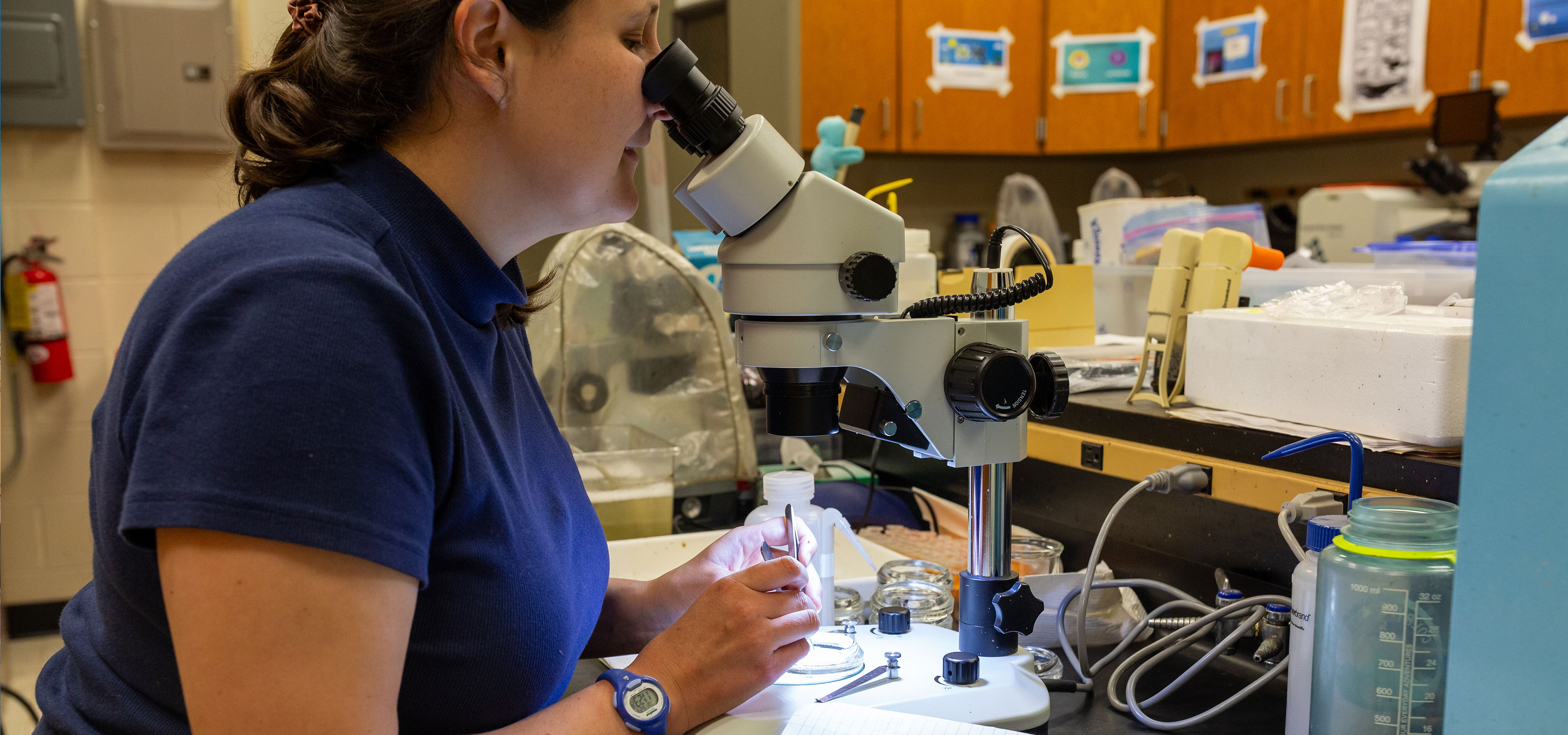a woman looks through a microscope in a lab setting
